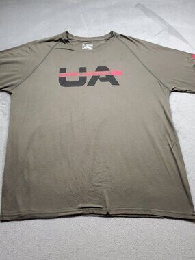 Under Armour Loose Heat Gear Graphic Logo T-shirt Olive Green Men Sz 2XL